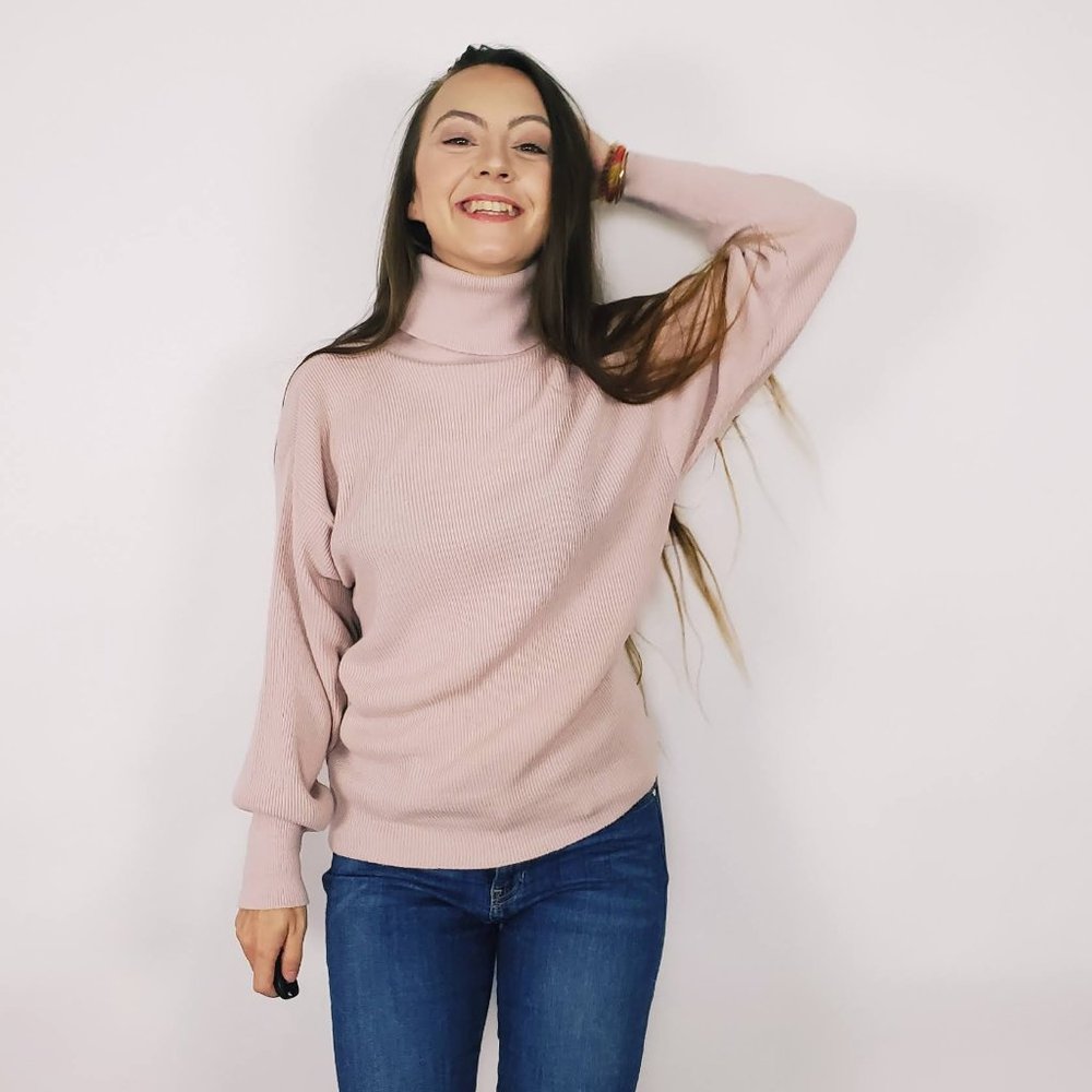 Light Dusty Pink Nude Ribbed Turtleneck Sweater